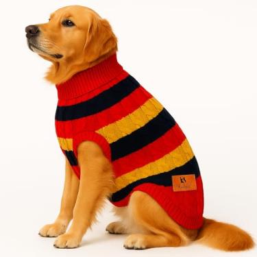 Imagem de Richpet Suéter clássico listrado para cães, leve e elástico, suéter de lã de gola rolê para cães | Pulôver de malha macio e quente com gola alta (vermelho, amarelo, G (45,7 cm)