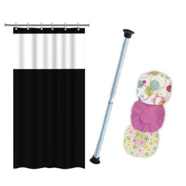 Imagem de Kit Cortina Box Banheiro + Varão De Cortina + 3 Toucas - Vida Pratika