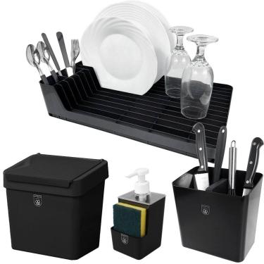 Imagem de Kit 4 Pç Dispenser + Escorredor de Louça Talheres + Lixeira 2,5 Litros Com Tampa Cozinha Preto - Pop Crippa