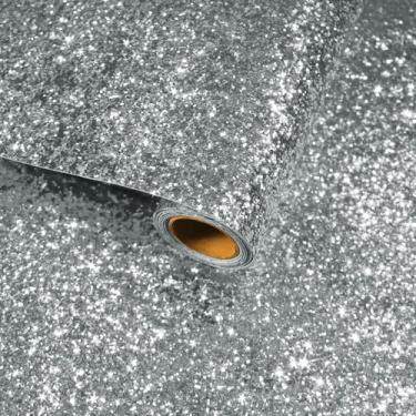 Imagem de VaryFloral Papel de parede autoadesivo prateado com glitter, papel de parede decorativo com lantejoulas brilhantes para sala de estar, papel de contato com glitter grosso pré-colado para prateleira de