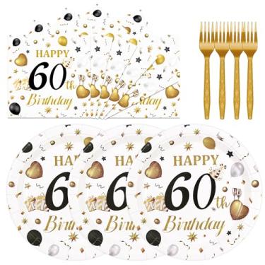 Imagem de HFBOBP 75 peças de pratos e guardanapos de aniversário de 60 anos, decorações de festa, 17,8 cm, branco e dourado, pratos e guardanapos de bolo de sobremesa de papel branco e dourado, conjunto de