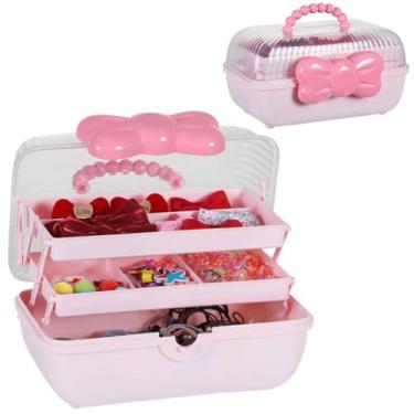 Imagem de Hoemastot Caixa de armazenamento de plástico de 3 camadas com alça - organizador multiuso para grampos de cabelo, tiaras, gravatas e joias - ideal para meninas (rosa)