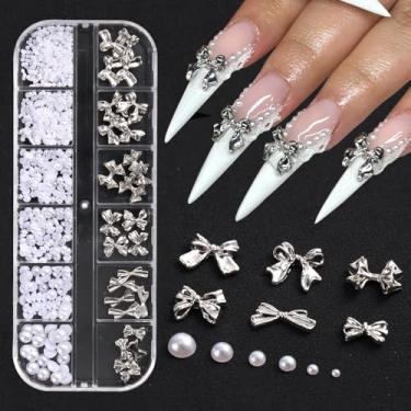 Imagem de Amuletos de unhas de metal 3D, estilos mistos, fita de liga de prata, laço e laço metálico com pérolas planas brancas, joias de unha, suprimentos de manicure, decorações de artesanato DIY