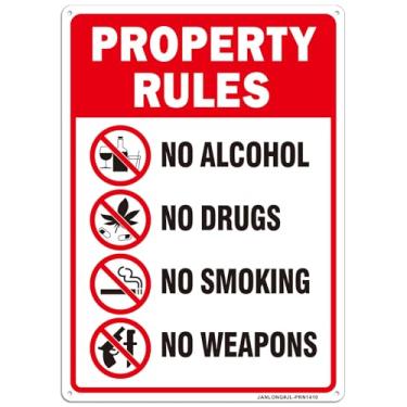 Imagem de 1 pacote com placa de regras de propriedade sem álcool, sem drogas, sem fumo, sem armas, 35,5 x 25,4 cm alumínio
