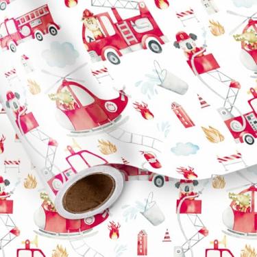 Imagem de LeZakaa Rolo de papel de embrulho infantil – tema de desenho animado de caminhão de bombeiros e helicóptero com design em aquarela – Mini rolo de embrulho de presente de 43 x 16,4 m para meninos