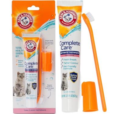 Imagem de Arm & Hammer Kit de cuidados completos para animais de estimação para gatos e gatinhos | Inclui pasta de dente enzimática de gato com sabor de atum, escova de dentes de gato e escova de dedo de borracha para gatos