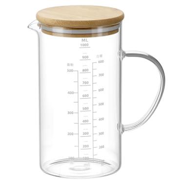 Imagem de QWORK Jarra de vidro de 1000 ml com tampa de madeira, jarro de vidro transparente, garrafa de água versátil para bebidas quentes e frias