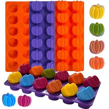 Imagem de Molde de chocolate de abóbora, 4 peças, SAGOOITS 12 cavidades, molde de chocolate de outono para decoração de bolos de Ação de Graças, Dia das Bruxas, muffin, sabonete, vela (laranja roxo)