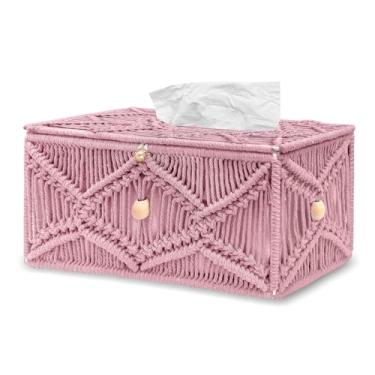Imagem de KaloKalo Capa de caixa de lenços feita à mão decorativa macramê boho retangular suporte de lenço de algodão guardanapo tecido organizador de papel facial boêmio recipiente de armazenamento de mesa com