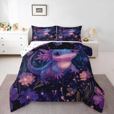 Imagem de Erosebridal Jogo de cama solteiro com axolotl selvagem com glitter roxo, réptil exótico, animal kawaii, para meninos e adolescentes, decoração de quarto kawaii, edredom floral da floresta, roxo
