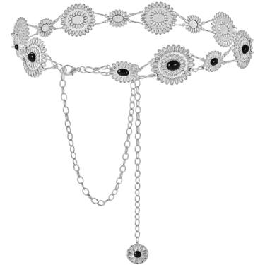 Imagem de YGR Cinto feminino de corrente Concho Western Cowgirl turquesa para vestidos jeans e calças, Preto, Length 53" (31.5"+extended chain 21.5")