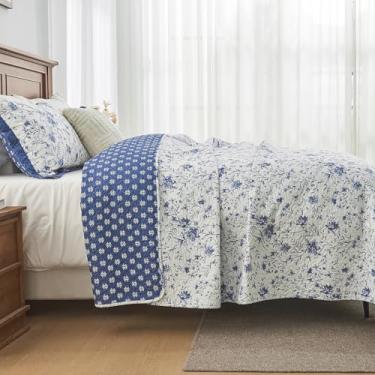 Imagem de DDUOXIN Conjunto de colcha Farmhouse Botanical King – Colchas reversíveis 100% algodão com 2 fronhas, conjunto de cama leve de 3 peças para todas as estações, azul/branco, king (269 cm L x 248 cm C)