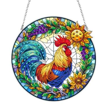 Imagem de Ceitura 5D DIY Sunrise Rooster Diamond Art Painting Dots Pendant Vitral Strass Diamond Art Pingentes de janela para decoração de janela de jardim