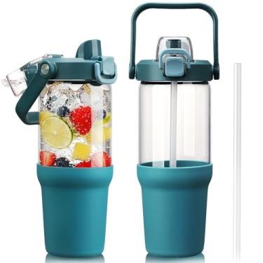 Imagem de HYDRAGLAZIC Copo de vidro com alça de transporte, garrafa de água de vidro transparente com tampa à prova de vazamento, tampa de bico e canudo, livre de BPA, 947 ml, azul pavão