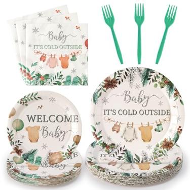 Imagem de G1ngtar Artigos para pratos de festa Baby It's Cold Outside - Serve de 24 a 96 peças, suéter de inverno, chá de bebê, utensílios de mesa, decoração, pratos de papel descartáveis, guardanapos, garfo