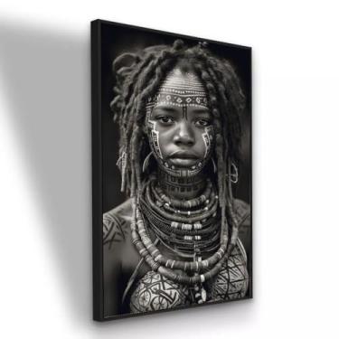 Imagem de Quadro em tecido Canvas Fotografia Mulher Massai Preto E Branco 90x60 Moldura Preta