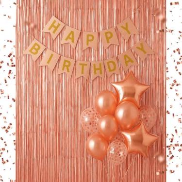 Imagem de Kit Decoração Festa Aniversário – Cortina Metalizada + 10 Balões Metalizados + Faixa Feliz Aniversário – 3 Variações (Rose Gold)