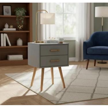 Imagem de Mesa de cabeceira branca com pés de madeira - Cedrono