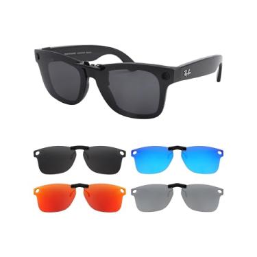 Imagem de HILEEN Óculos de sol polarizados com clipe para Ray-Ban Meta Wayfarer RW4008 53-22 para homens e mulheres proteção UV - preto + vermelho fogo + azul gelo + prata