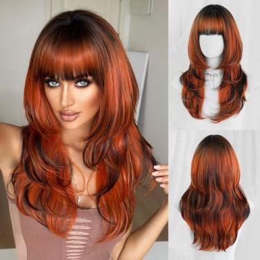 Imagem de Peruca 7JHH 61 cm laranja ombré preta reta com franja para mulheres, fibra resistente ao calor