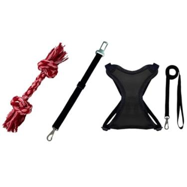 Imagem de Kit coleira peitoral colete cinto de segurança pet osso mordedor limpeza bucal cães e gatos(Preto,G)