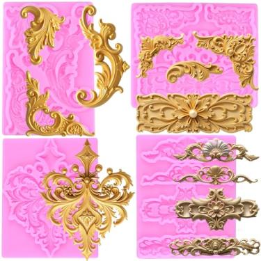 Imagem de MIYAHOUSE Molde de silicone para fondant de escultura barroca em relevo para decoração de bolos, enfeite de cupcake, pasta de goma de chocolate, argila de polímero, conjunto de 4