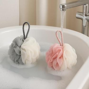 Imagem de 2 esponjas de bucha para mulheres, bola de malha de 50 g, esponja de banho de malha, esfregão de bucha de chuveiro macio para acessórios de chuveiro corporal (cinza + rosa)