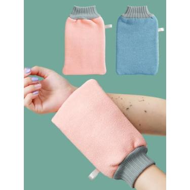 Imagem de Pacote com 2 luvas esfoliantes – luva vegana para remoção de autobronzeador e queratose pilar, pano para esfoliação e suavização da pele morta (rosa + azul)