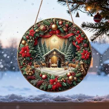 Imagem de Pôsteres e impressões 2D redondos de alumínio, decoração de parede e porta, noite santa, ótimo presente para colegas de trabalho, irmão, irmãs, amigos (com corda) (guirlanda de Natal)