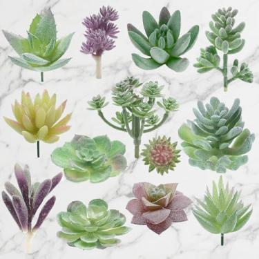 Imagem de Suculentas artificiais, 13 peças, suculentas falsas, plantas artificiais, pequenas, falsas, suculentas, sem vaso, para decoração de arranjo de jardim, verde, amarelo, roxo