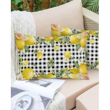 Imagem de Conjunto de 2 capas de almofada de limão, à prova d'água, à prova d'água, com flores de frutas, estampa xadrez, preta, para ambientes externos, 50 x 30 cm, capa de almofada de pátio para sofá, cama e
