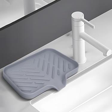 Imagem de Saboneteira de silicone com bico de drenagem, bandeja de sabonete, suporte de esponja, organizador de pia de banheiro e cozinha, tamanho grande para dispensador, esfregão, garrafa, copo na pia, cinza