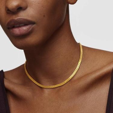 Imagem de Colar feminino de corrente de cobra plana de ouro 14 K, banhado a ouro 14 K, joia, Medium, Latão, Sem Pedra Preciosa