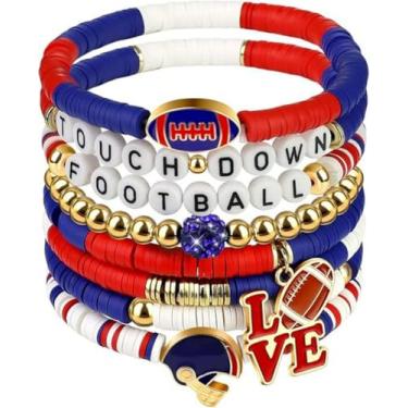Imagem de KLSKLYL 【Conjunto de 8 peças de pulseiras Super Bowl】 Pulseiras com tema esportivo para dia de jogo – Conjunto de miçangas unissex de futebol, basquete, vôlei e beisebol, One Size, Argila de polímero