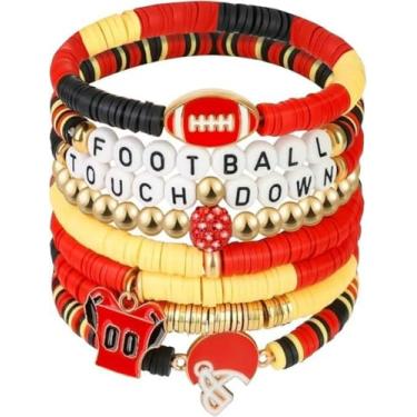 Imagem de KLSKLYL 【Conjunto de 8 peças de pulseiras Super Bowl】 Pulseiras com tema esportivo para dia de jogo – Conjunto de miçangas unissex de futebol, basquete, vôlei e beisebol, One Size, Argila de polímero