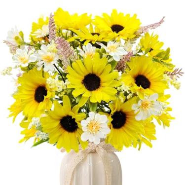 Imagem de FOUSUKA 5 ramos de buquês de girassóis artificiais, girassol de seda falsa com margaridas falsas, plantas silvestres para decoração de casa, arranjos florais de interior, mesa de centro de mesa,