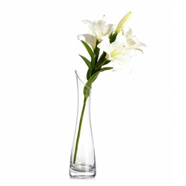 Imagem de Vaso de flor de vidro transparente de 23 cm, haste única, vaso oblíquo com botão de boca estreita, garrafas de vidro decorativas de pescoço estreito, peça central de mesa floral para decoração de mesa