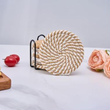 Imagem de Porta-copos de tecido com suporte de metal, juta natural, redondo, conjunto de 6