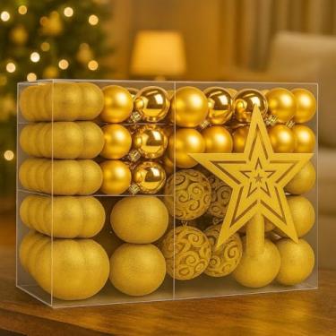 Imagem de Kit Bolas de Natal Decorativas com 100 Peças Vermelho ou Dourado | Acabamento Fosco, Brilhante e Glitter + Ponteira | Enfeites para Decoração de Árvore de Natal
