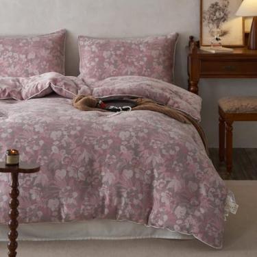 Imagem de HighBuy Jogo de cama king size floral rosa de algodão musselina macio, luxuoso, boêmio, estampa jacquard, respirável, leve, fofo, com 1 edredom e 2 fronhas
