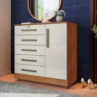 Imagem de Cômoda Quarto 5 Gavetas 1 Porta com Chave 2 Divisórias - Cedro Areia