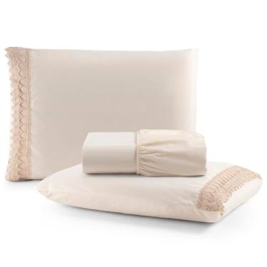 Imagem de Jogo Cama Lençol Haia Queen Percal 200 Fios 100% Algodão Guipir Bordado Inglês 3 Peças - Palha