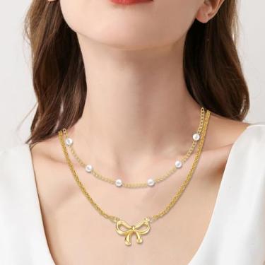 Imagem de Decoração de colar de laço de ouro, colar de laço de camada dupla, colares para mulheres, decoração de joias, 40,6 cm/43,2 cm, laços em camadas, colares para mulheres, joias, pingentes, acessórios de