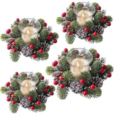 Imagem de Anéis de vela de Natal com pinhas e frutas vermelhas, guirlanda de pinheiro artificial de 19 cm, peça central de férias de inverno com suportes votivos de vidro, conjunto de 4