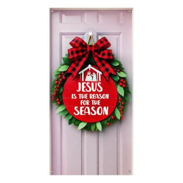 Imagem de BlissYard Decoração de porta de Natal, guirlanda de presépio religioso, xadrez de búfalo, 89 x 188 cm, faixa para porta da frente, decoração de Natal para casa, férias, cenário de fotos de Natal