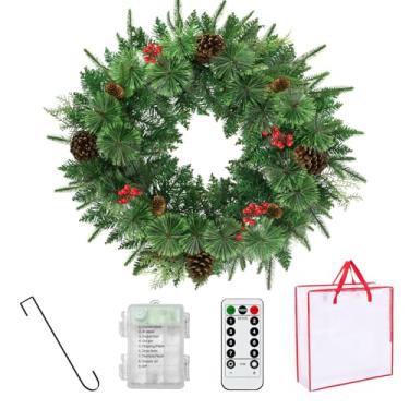 Imagem de Guirlanda de Natal artificial pré-iluminada com controle remoto de 76 cm, pinheiro Norwood Fir Carolina com pinhas de crestwood e cachos de bagas, branco quente, 75 luzes de LED, decoração de Natal em