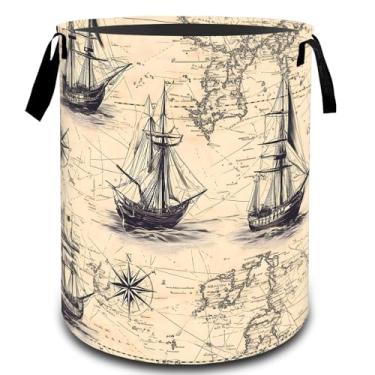 Imagem de VODRM Cesto de lavanderia vintage com mapa náutico de navio, cesto organizador de brinquedos para crianças e adultos, cesto de armazenamento impermeável de tecido Oxford para quarto, banheiro