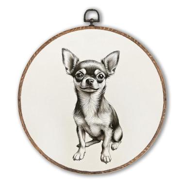 Imagem de Hxlac Arte de parede redonda vintage chihuahua emoldurada, decoração de parede redonda de cachorro Weiner retrô, presente de cachorro Chihuahua Weiner pendurado em tela para decoração de quarto, sala