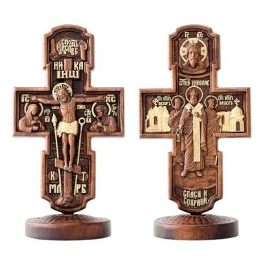 Imagem de BGCOPPER Cruz de parede de crucifixo de madeira, decoração de cruz de Jesus em pé, presente de Natal com ícones ortodoxos de apóstolos