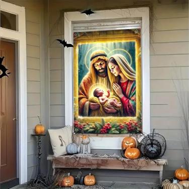 Imagem de BlissYard Decoração de janela de Natal, faixa de presépio Sagrada Família Bebê Jesus, pôster para pendurar na parede para decoração de casa de inverno para festa de Natal, ambientes internos e